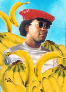 Worm Shot of me sporting a red cap and surrounded by a sky full of bananas